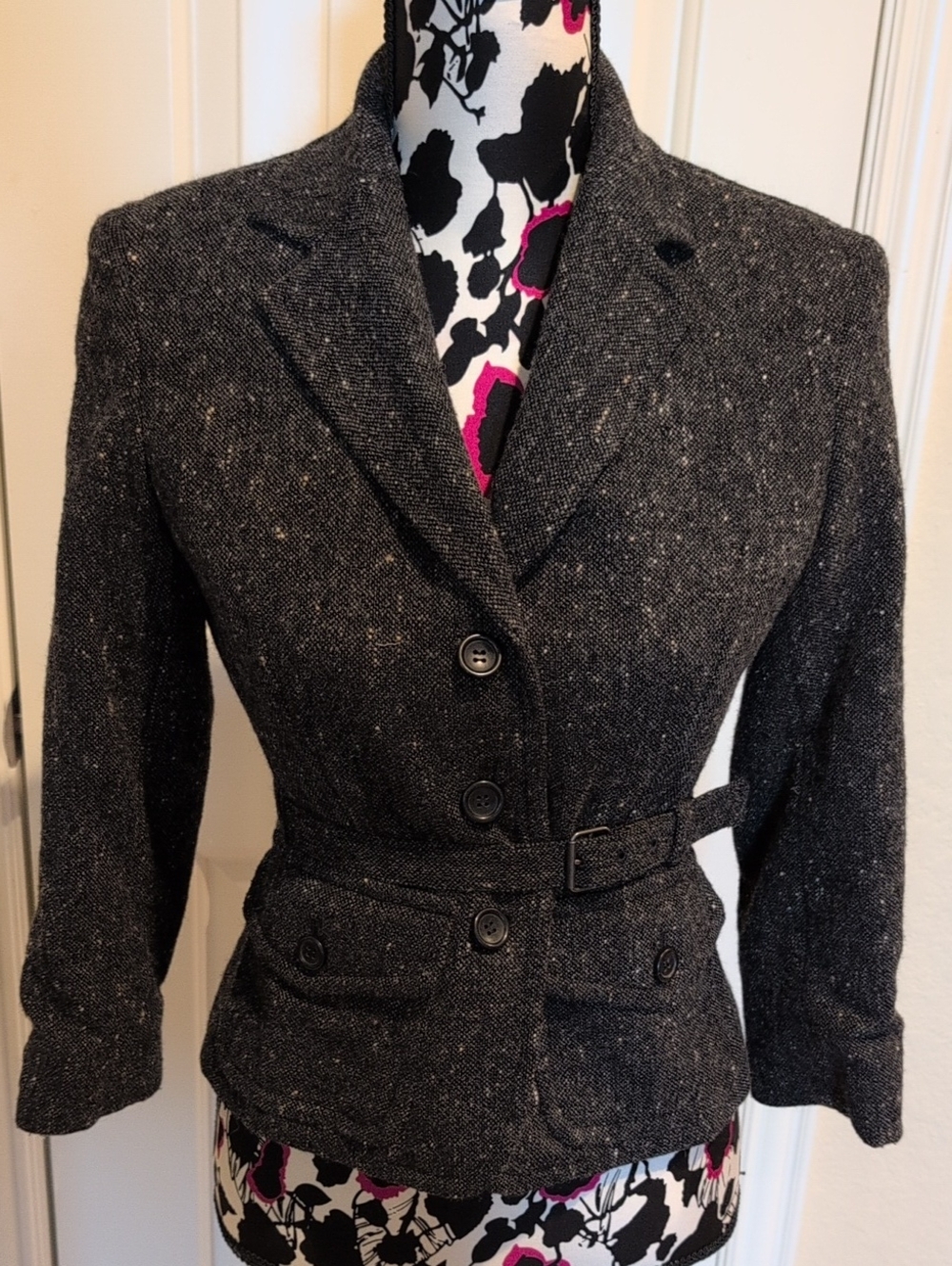 Express Design Studio Vintage Charcoal Tweed Wool Blazer Jacket Size 2